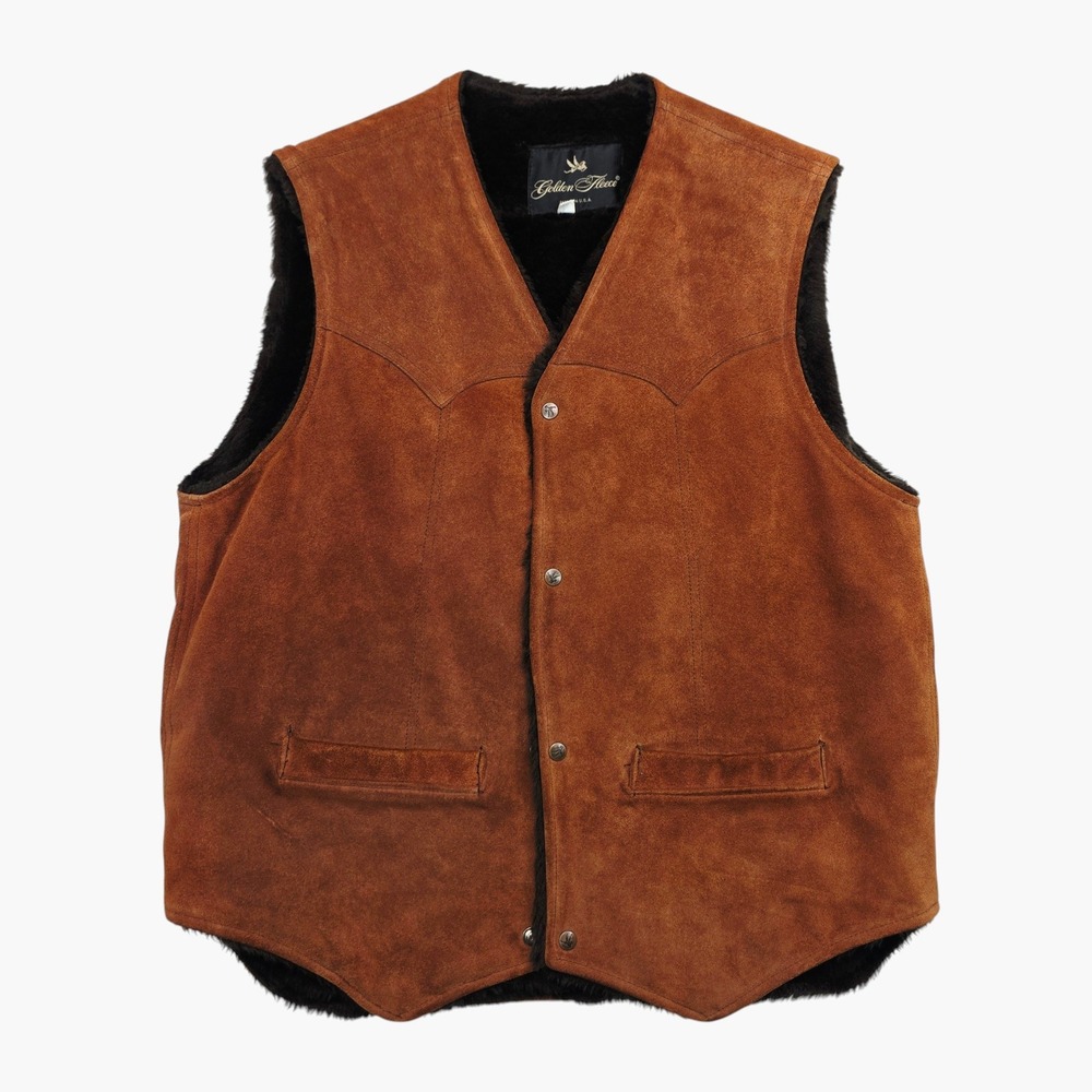 Golden Fleece Vintage Mens Western Suede Vest Faux Fur Lined Brown Made in USA M